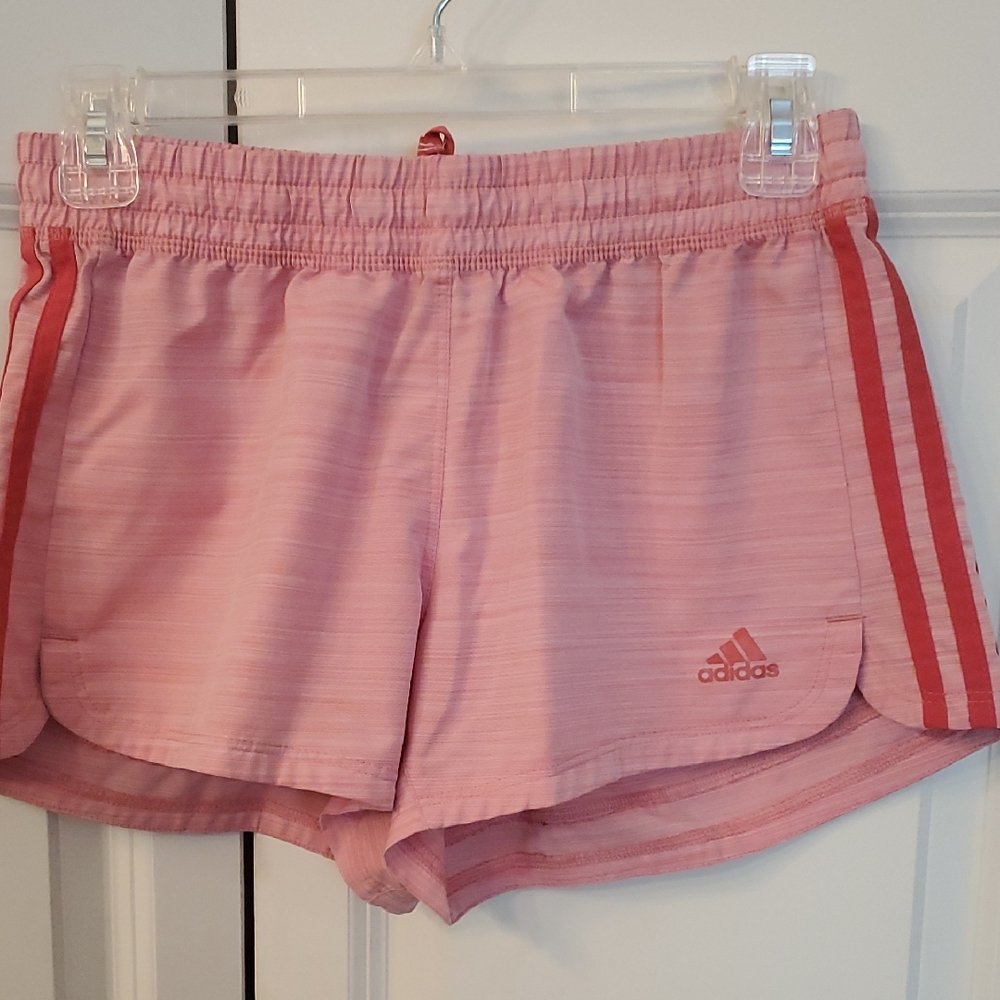 Adidas Women's Light Pink Athletic Shorts with Dark Pink Stripes